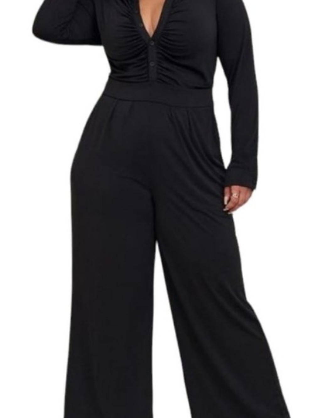Torrid Women's Black ITY Long Sleeved Rouched Wide Leg Jumpsuit Size 0 L/12 - Picture 2 of 15